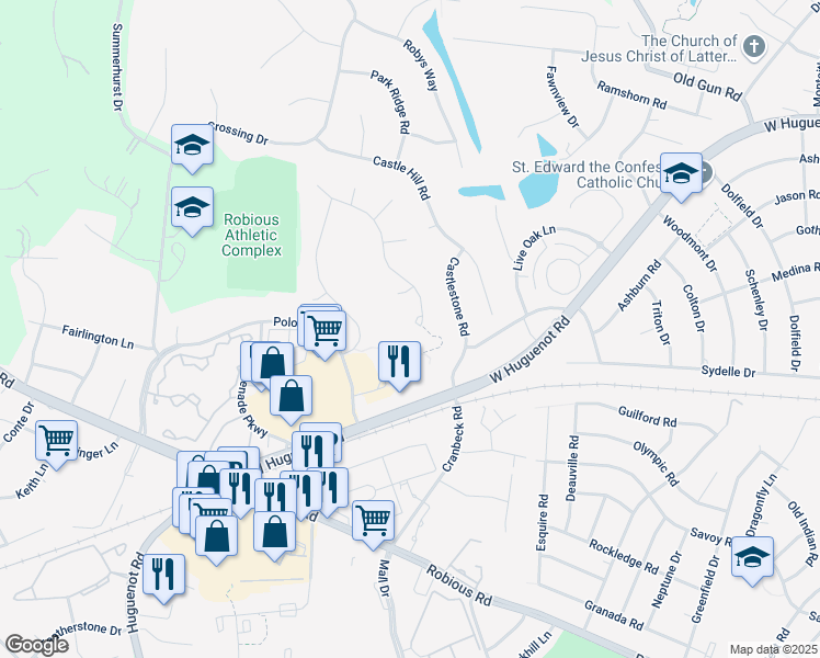 map of restaurants, bars, coffee shops, grocery stores, and more near 2602 Sugarberry Lane in Midlothian
