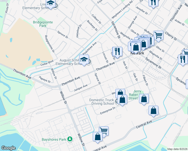 map of restaurants, bars, coffee shops, grocery stores, and more near 37029 Spruce Street in Newark