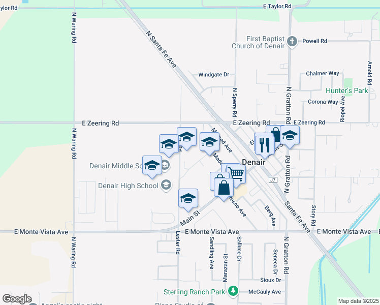 map of restaurants, bars, coffee shops, grocery stores, and more near 3460 Lester Road in Denair