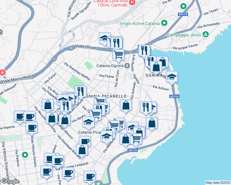 map of restaurants, bars, coffee shops, grocery stores, and more near 28a Via de Caro in Catania