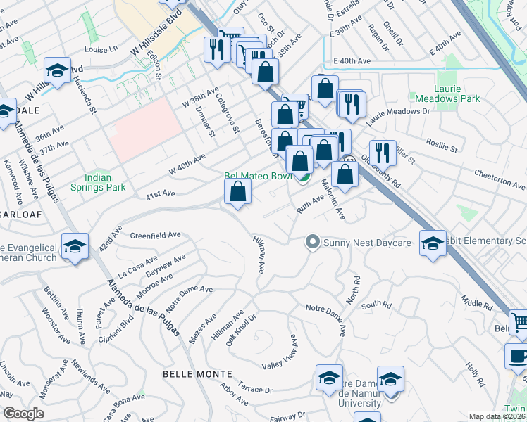map of restaurants, bars, coffee shops, grocery stores, and more near 180 Irene Court in Belmont