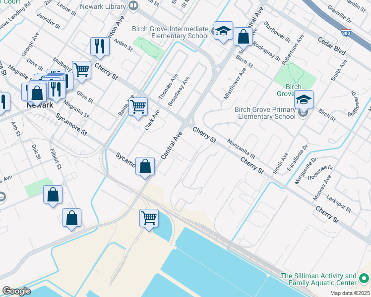 map of restaurants, bars, coffee shops, grocery stores, and more near 6590 Central Avenue in Newark
