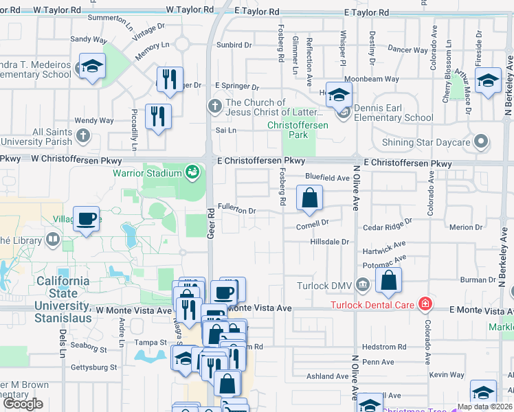 map of restaurants, bars, coffee shops, grocery stores, and more near 295 Fullerton Drive in Turlock