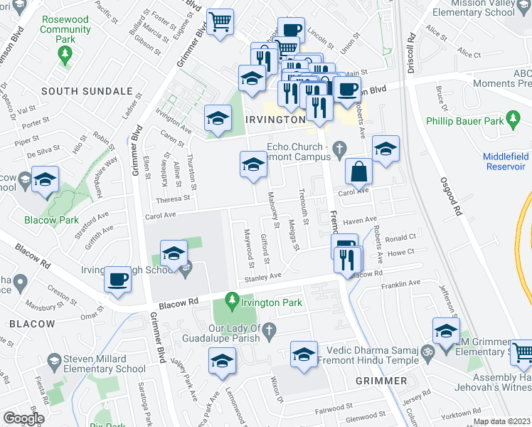 map of restaurants, bars, coffee shops, grocery stores, and more near 4247 McNamara Street in Fremont
