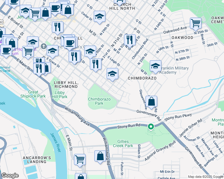 map of restaurants, bars, coffee shops, grocery stores, and more near 309 Chimborazo Boulevard in Richmond