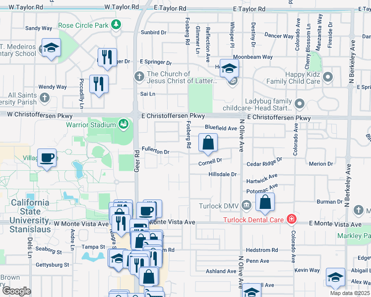 map of restaurants, bars, coffee shops, grocery stores, and more near 3725 Fosberg Road in Turlock
