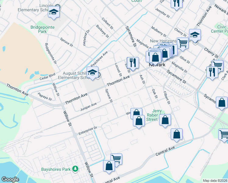 map of restaurants, bars, coffee shops, grocery stores, and more near 37051 Walnut Street in Newark