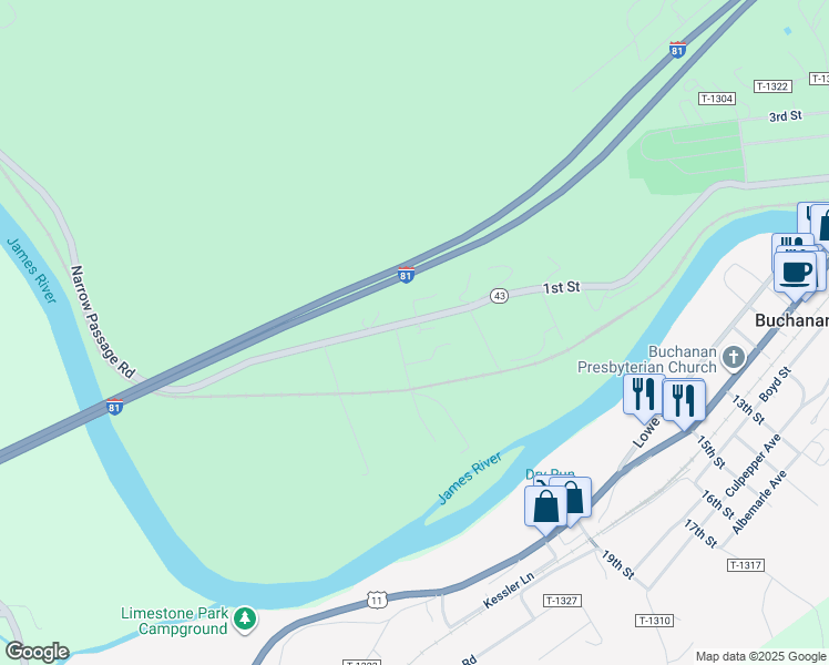 map of restaurants, bars, coffee shops, grocery stores, and more near 1297 Narrow Passage Road in Buchanan