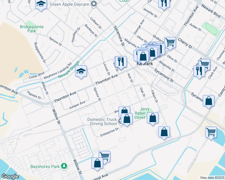 map of restaurants, bars, coffee shops, grocery stores, and more near 37073 Locust Street in Newark