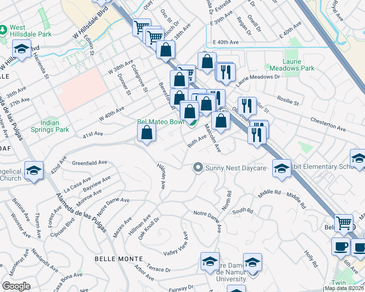 map of restaurants, bars, coffee shops, grocery stores, and more near 131 Irene Court in Belmont