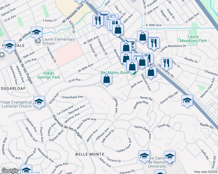 map of restaurants, bars, coffee shops, grocery stores, and more near 4321 Edison Street in San Mateo