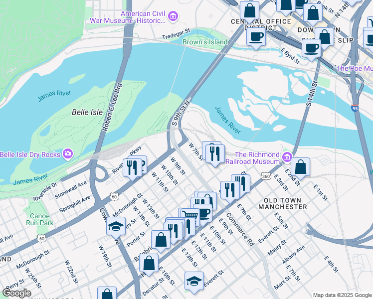 map of restaurants, bars, coffee shops, grocery stores, and more near 700 Semmes Avenue in Richmond