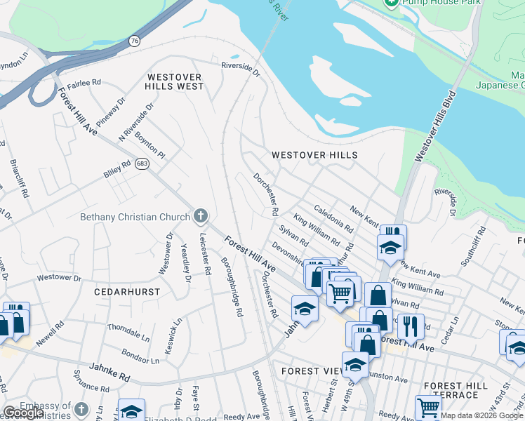 map of restaurants, bars, coffee shops, grocery stores, and more near 5302 Dorchester Road in Richmond