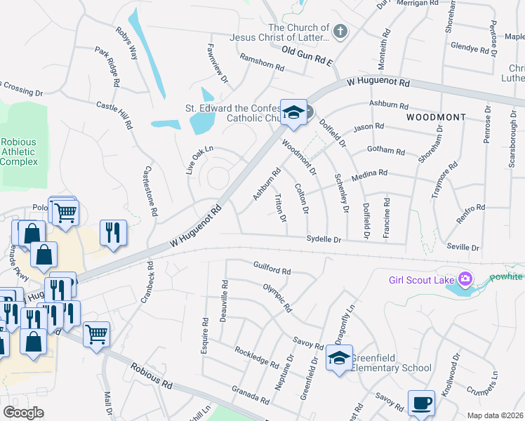 map of restaurants, bars, coffee shops, grocery stores, and more near 11010 Triton Circle in Richmond