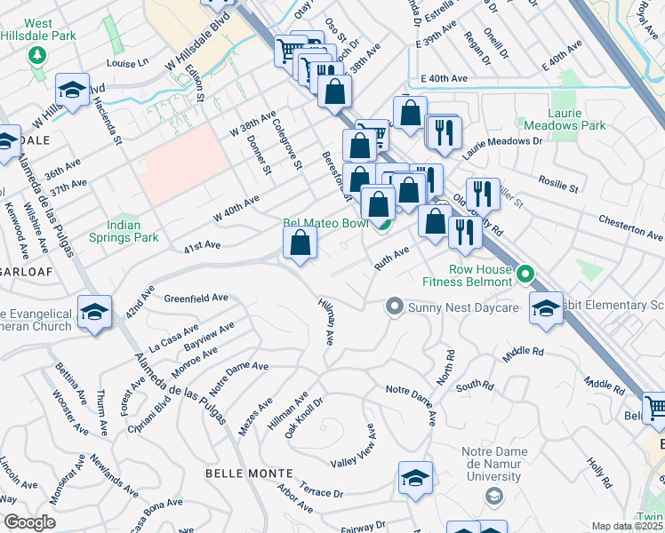 map of restaurants, bars, coffee shops, grocery stores, and more near 180 Irene Court in Belmont