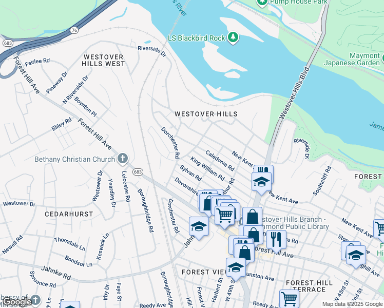 map of restaurants, bars, coffee shops, grocery stores, and more near 5219 King William Road in Richmond