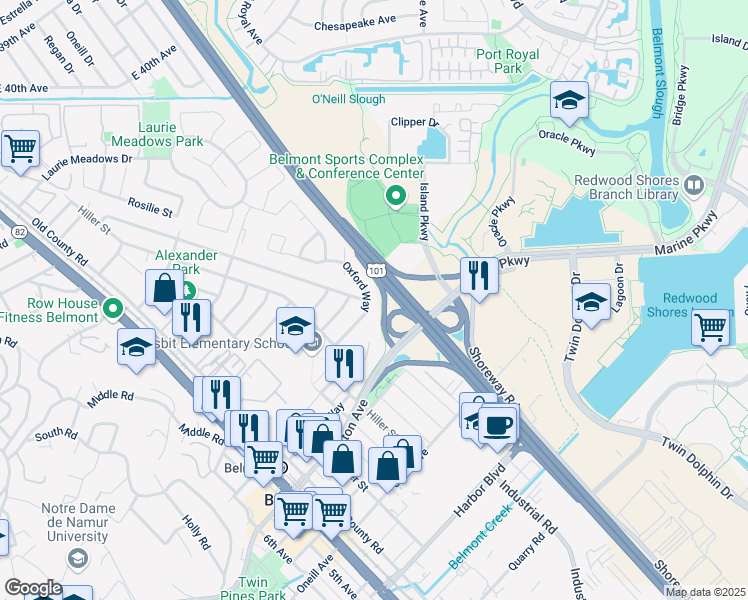 map of restaurants, bars, coffee shops, grocery stores, and more near 399 Oxford Way in Belmont