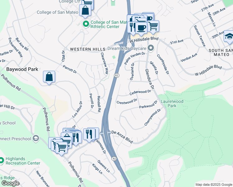map of restaurants, bars, coffee shops, grocery stores, and more near 1656 Oakwood Drive in San Mateo
