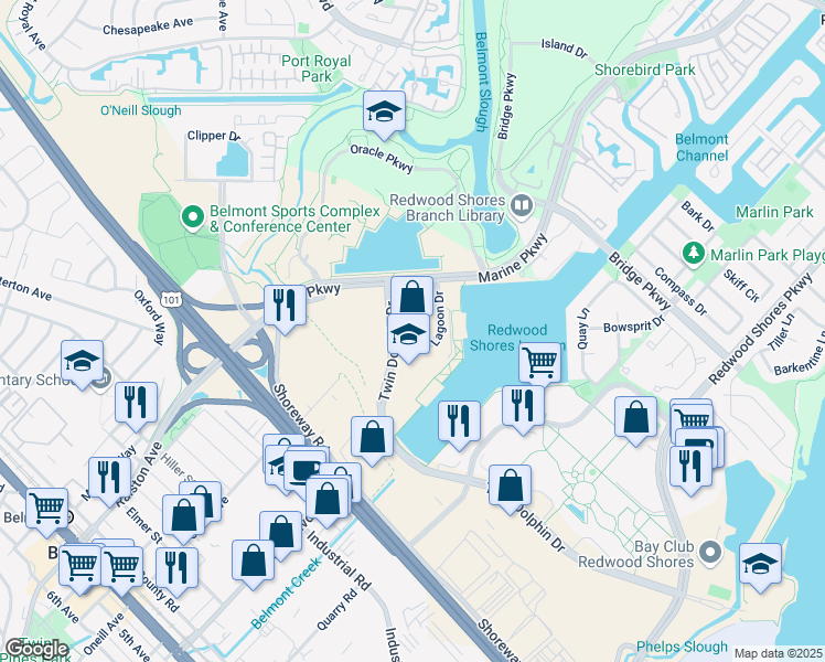 map of restaurants, bars, coffee shops, grocery stores, and more near 3 Twin Dolphin Drive in Redwood City