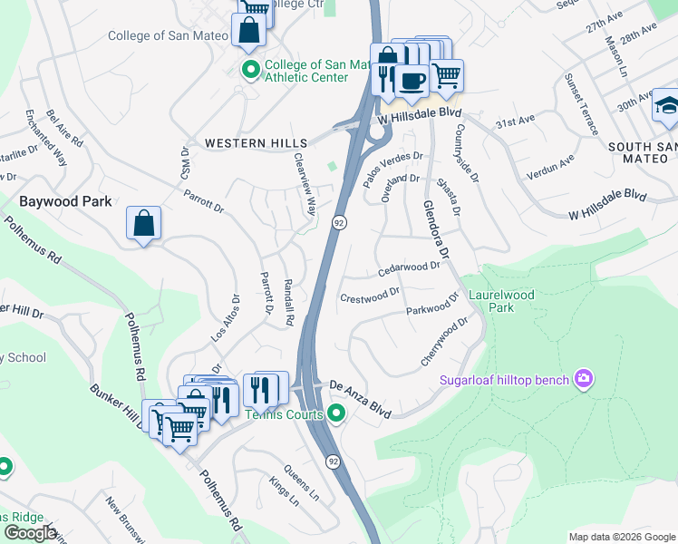 map of restaurants, bars, coffee shops, grocery stores, and more near 1656 Oakwood Drive in San Mateo