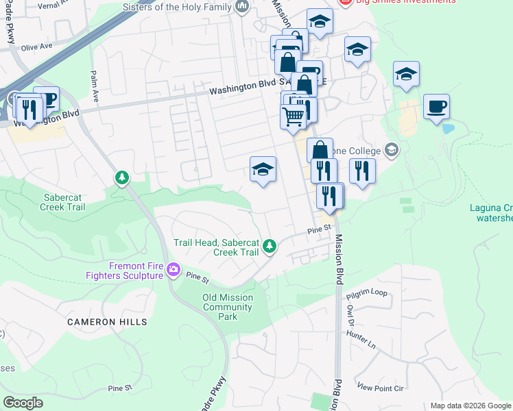 map of restaurants, bars, coffee shops, grocery stores, and more near 443 Becado Place in Fremont