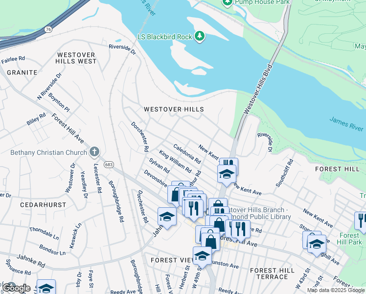 map of restaurants, bars, coffee shops, grocery stores, and more near 5201 Caledonia Road in Richmond