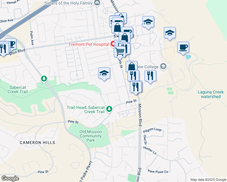 map of restaurants, bars, coffee shops, grocery stores, and more near 323 Becado Drive in Fremont
