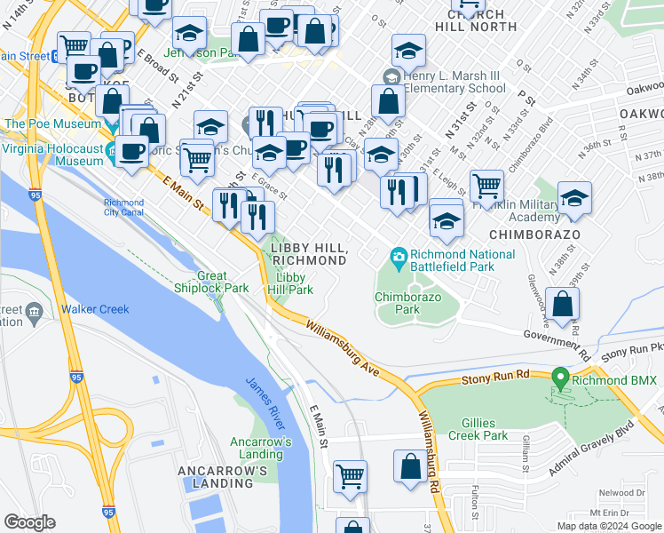 map of restaurants, bars, coffee shops, grocery stores, and more near 3010 East Franklin Street in Richmond
