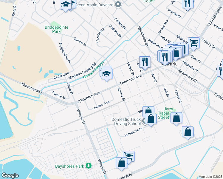map of restaurants, bars, coffee shops, grocery stores, and more near 37029 Spruce Street in Newark