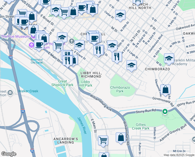 map of restaurants, bars, coffee shops, grocery stores, and more near 3008 East Franklin Street in Richmond