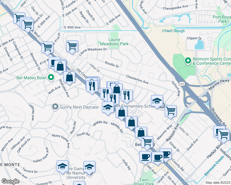 map of restaurants, bars, coffee shops, grocery stores, and more near 579 Mountain View Avenue in Belmont