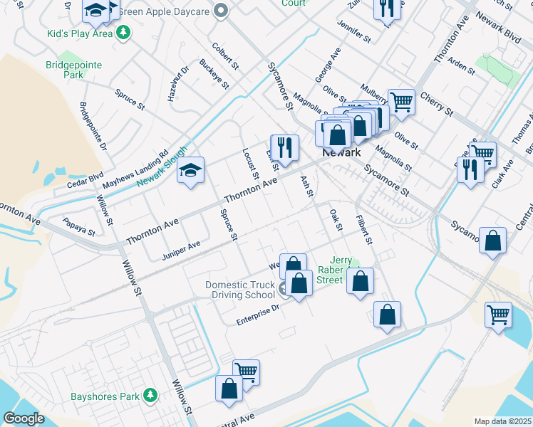 map of restaurants, bars, coffee shops, grocery stores, and more near 37073 Locust Street in Newark