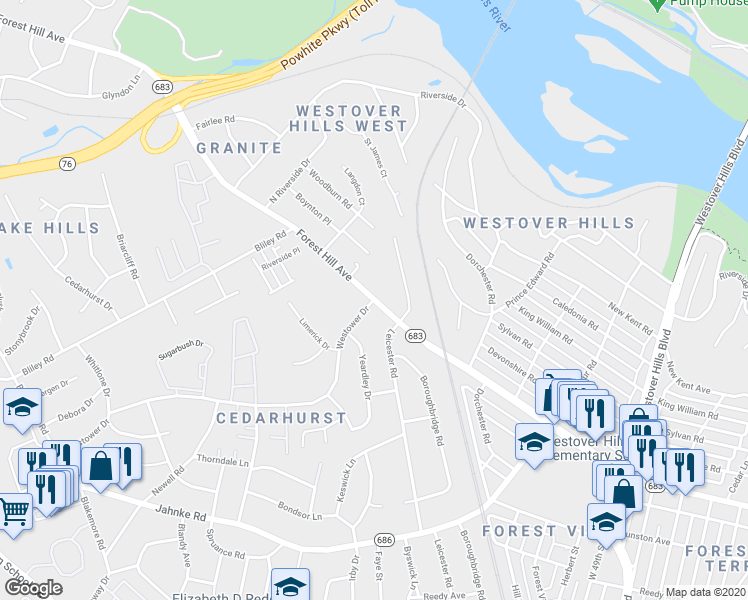 map of restaurants, bars, coffee shops, grocery stores, and more near Forest Hill Ave & Westower Dr in Richmond