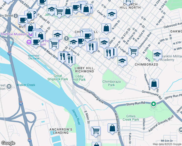 map of restaurants, bars, coffee shops, grocery stores, and more near 3010 East Franklin Street in Richmond