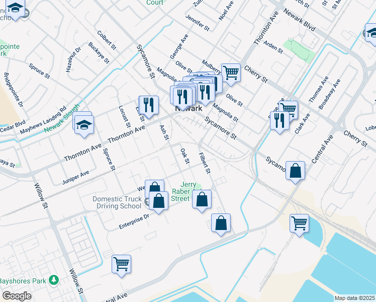 map of restaurants, bars, coffee shops, grocery stores, and more near 37184 Oak Street in Newark