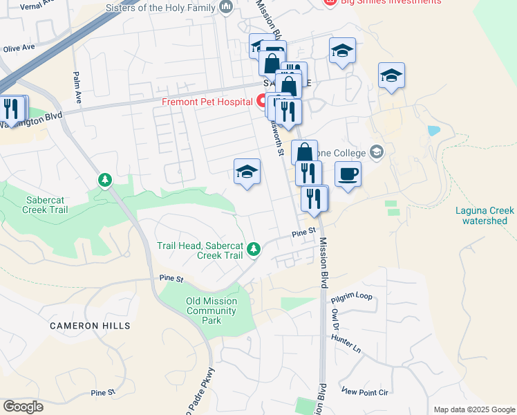 map of restaurants, bars, coffee shops, grocery stores, and more near 323 Becado Drive in Fremont