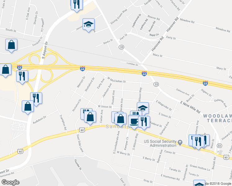map of restaurants, bars, coffee shops, grocery stores, and more near 204 Pickett Avenue in Sandston
