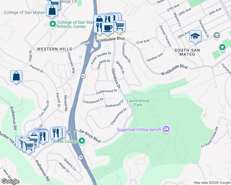 map of restaurants, bars, coffee shops, grocery stores, and more near 1409 Cedarwood Drive in San Mateo