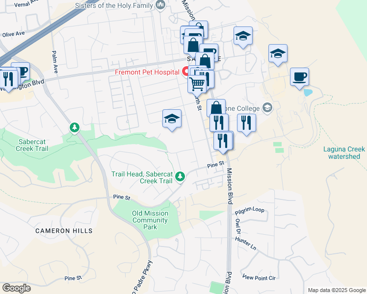 map of restaurants, bars, coffee shops, grocery stores, and more near 323 Becado Drive in Fremont