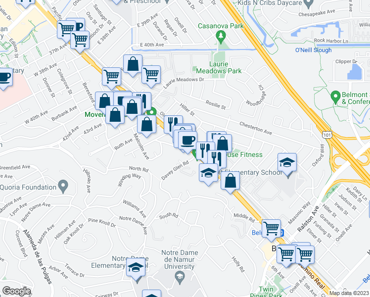 map of restaurants, bars, coffee shops, grocery stores, and more near 390 El Camino Real in Belmont