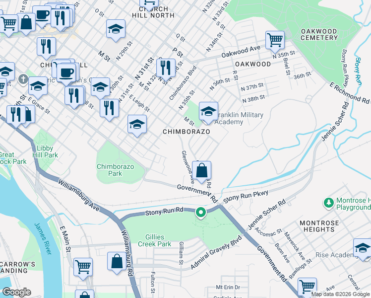 map of restaurants, bars, coffee shops, grocery stores, and more near 3704 Glenwood Avenue in Richmond
