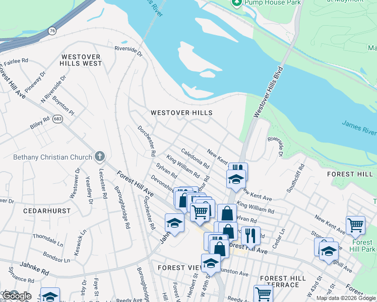 map of restaurants, bars, coffee shops, grocery stores, and more near 5204 Caledonia Road in Richmond