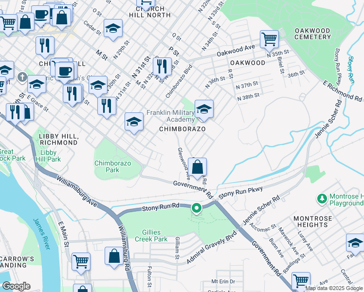 map of restaurants, bars, coffee shops, grocery stores, and more near 3704 Glenwood Avenue in Richmond