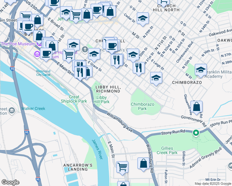 map of restaurants, bars, coffee shops, grocery stores, and more near 3008 East Franklin Street in Richmond