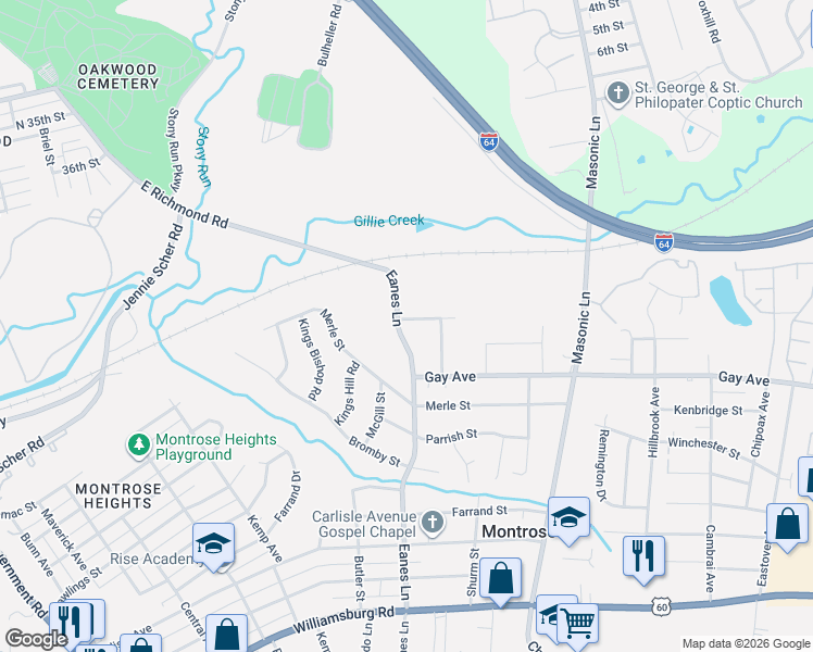 map of restaurants, bars, coffee shops, grocery stores, and more near 4402 Eanes Lane in Richmond