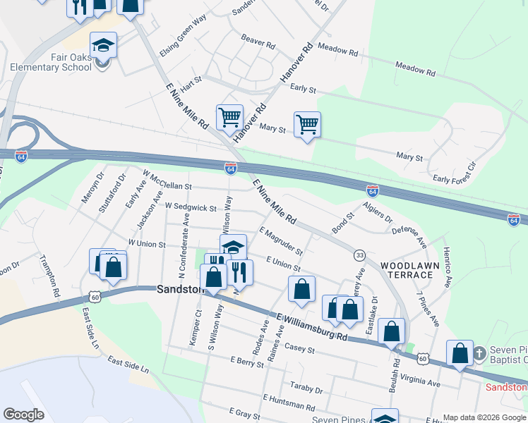map of restaurants, bars, coffee shops, grocery stores, and more near 15 East Sedgwick Street in Sandston