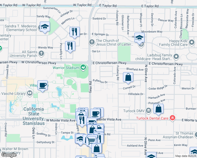 map of restaurants, bars, coffee shops, grocery stores, and more near 3701 Santa Ynez Avenue in Turlock