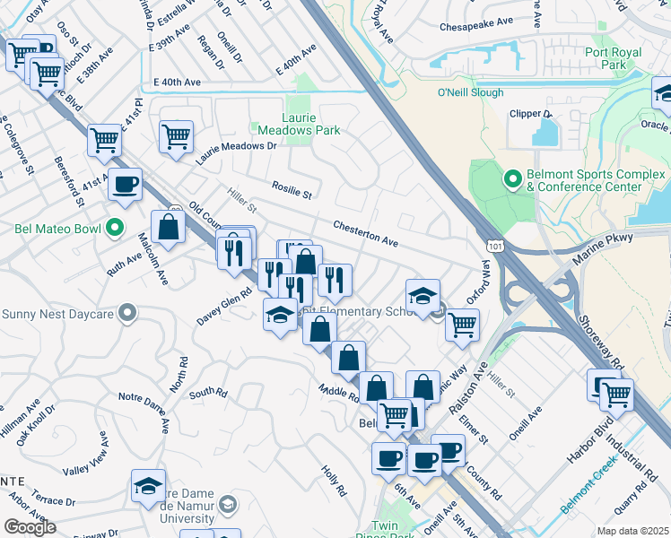map of restaurants, bars, coffee shops, grocery stores, and more near 415 Yorkshire Way in Belmont