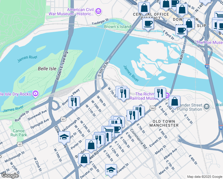 map of restaurants, bars, coffee shops, grocery stores, and more near 425 West 7th Street in Richmond