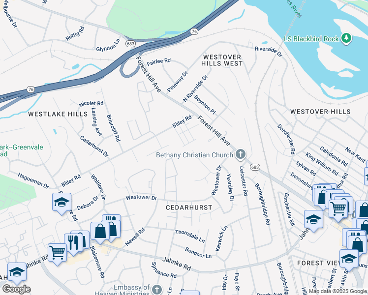 map of restaurants, bars, coffee shops, grocery stores, and more near 5845 Riverside Trail in Richmond